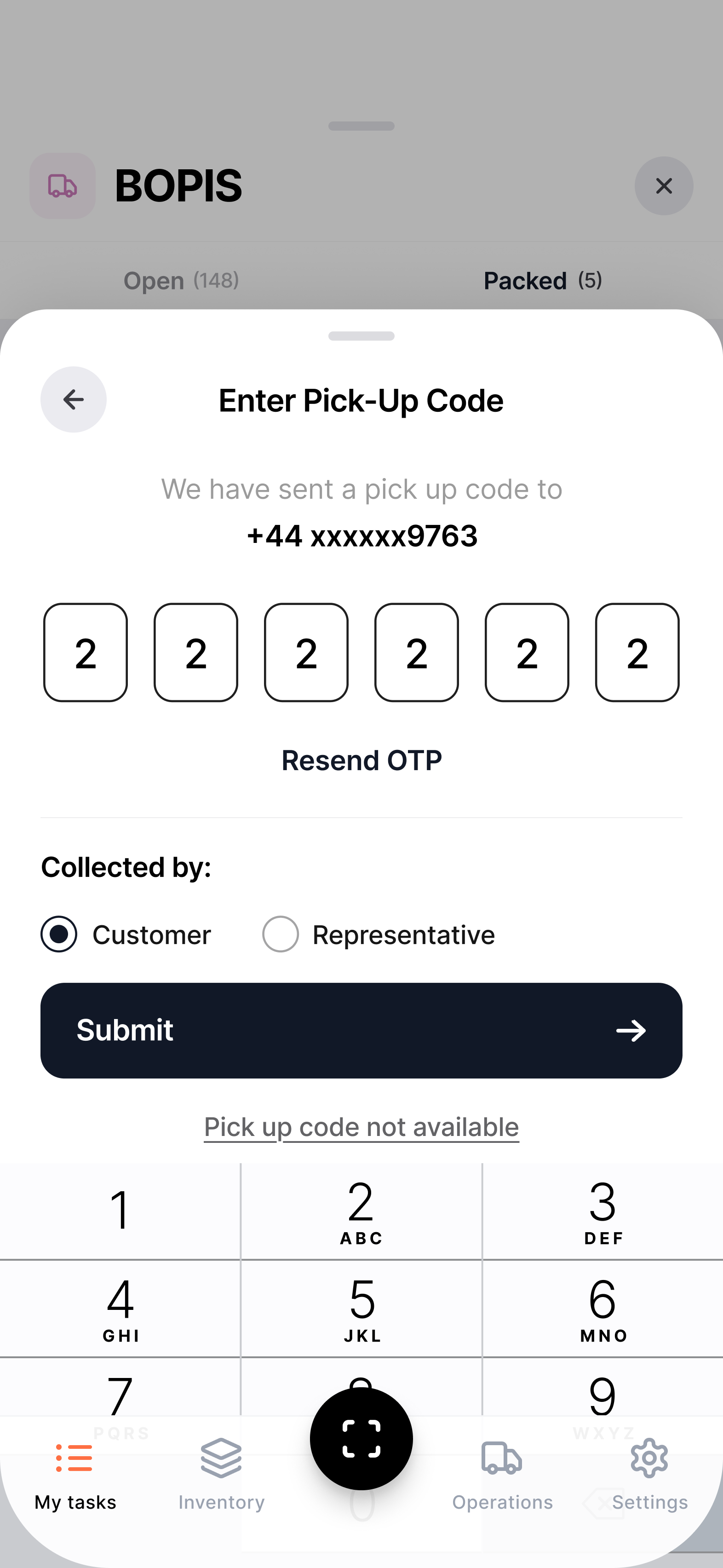 Click & Collect — Enter pick-up code